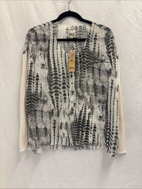 go by Go Silk Go Henley Sheer Cream Black Silk Blouse